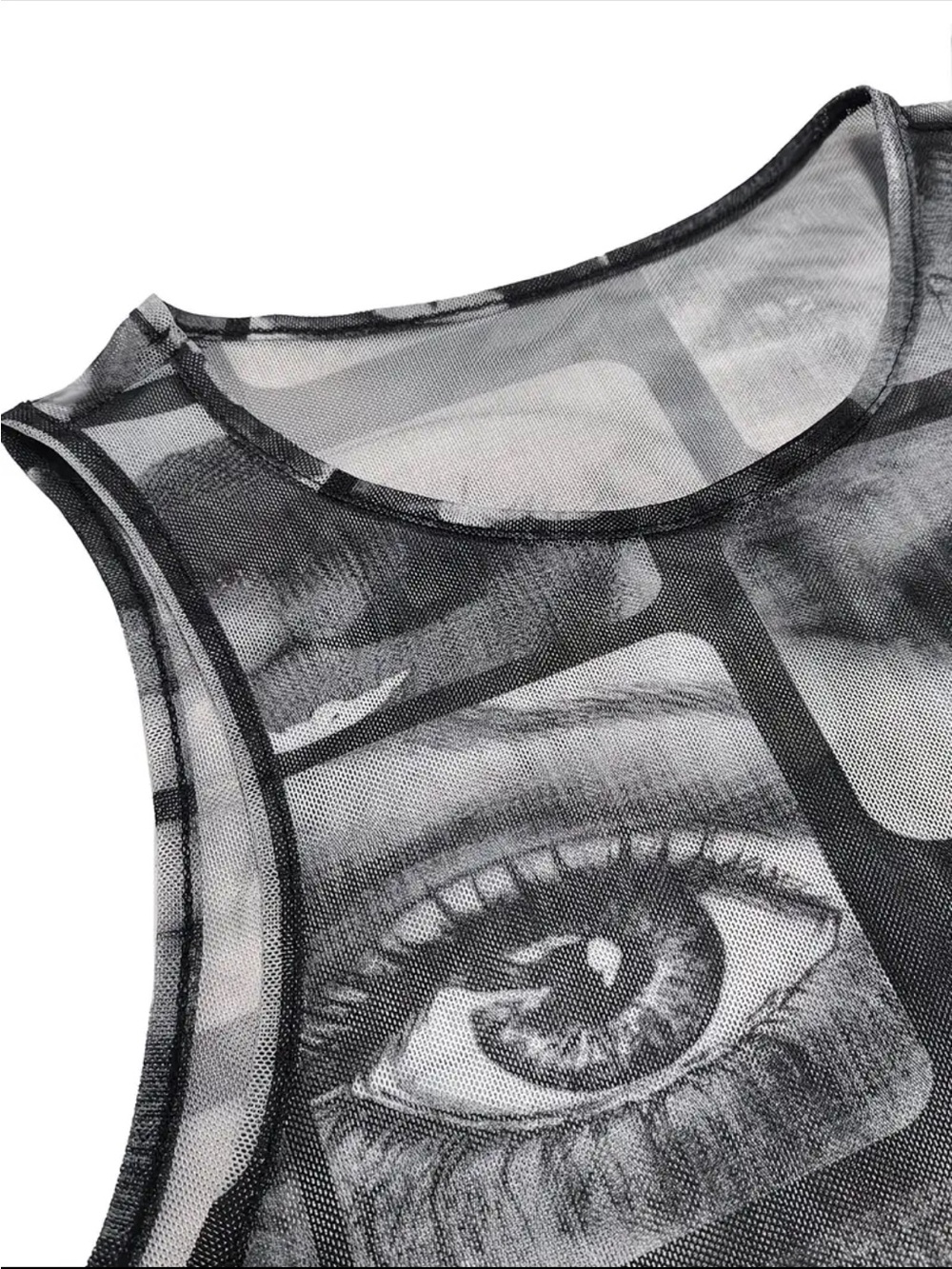 New Eyes Lips Mesh Patchwork Sleeveless Asymmetrical Handkerchief Crop Top XL - Picture 8 of 12